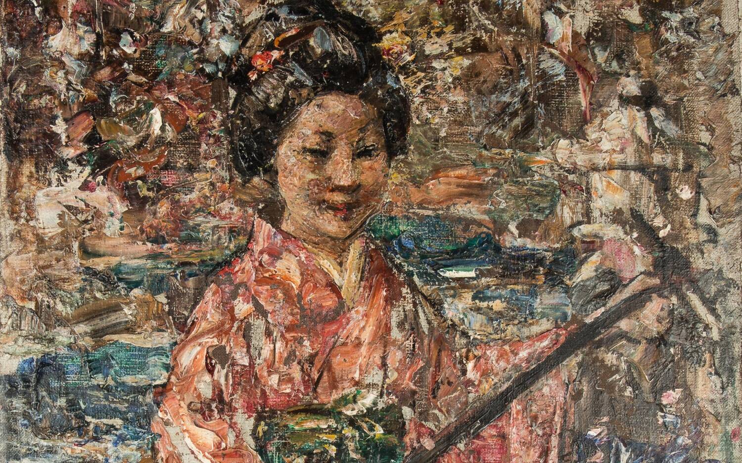An oil painting of a Japanese woman playing a stringed instrument. Her hair is arranged on top of her head and she is wearing a pink kimono style garment.
