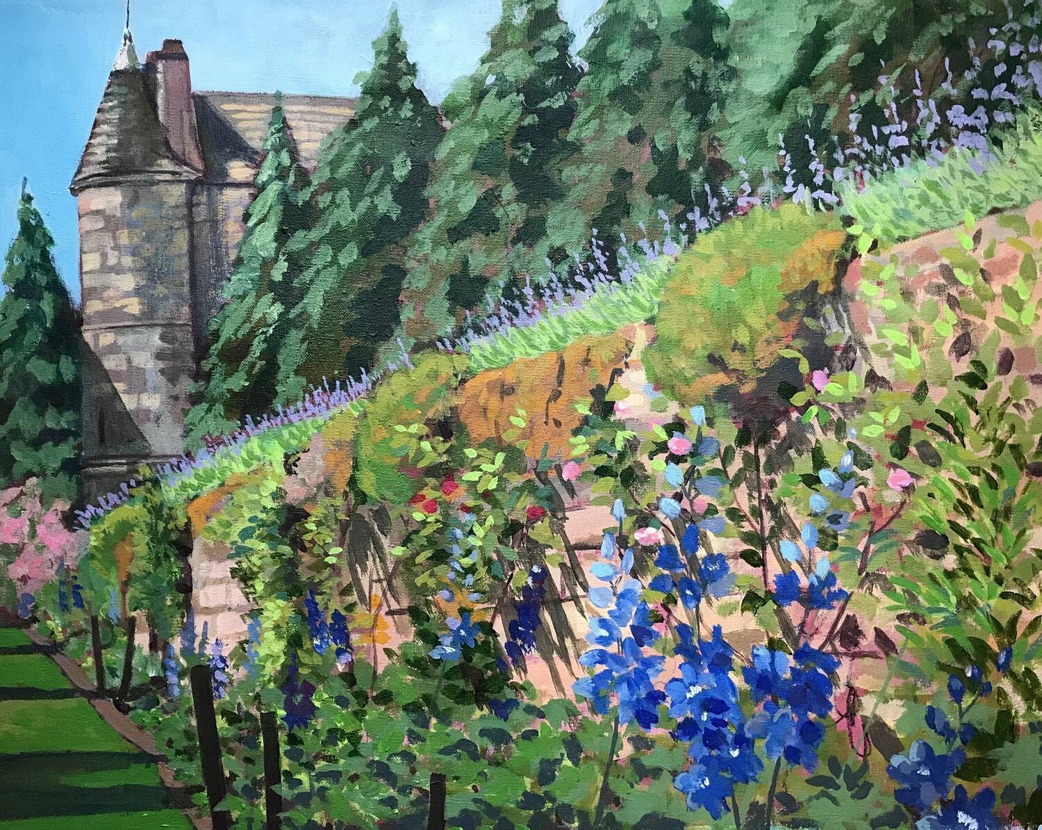 An acrylic painting of a garden wall, covered in colourful flowers with a row of lavender plants running along the top. Falkland Palace can be seen at the end of the wall in the background.