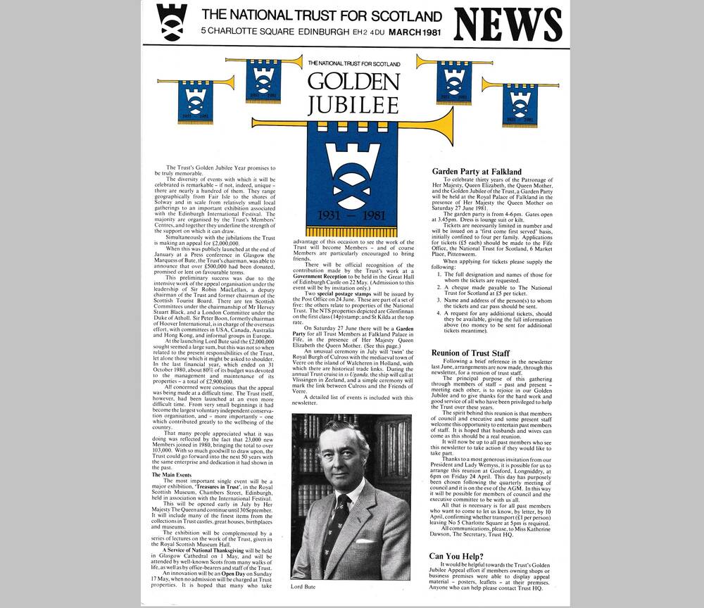 The front cover of the Trust’s Golden Jubilee newsletter from March 1981. It features a blue and gold heraldic trumpet at the top, and a black and white photo of Lord Bute at the bottom, surrounded by columns of text.