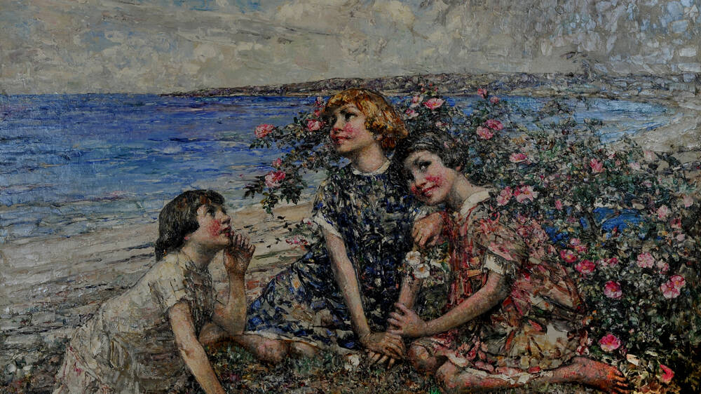Oil painting showing three girls sitting among roses with a beach and blue sea in the background.