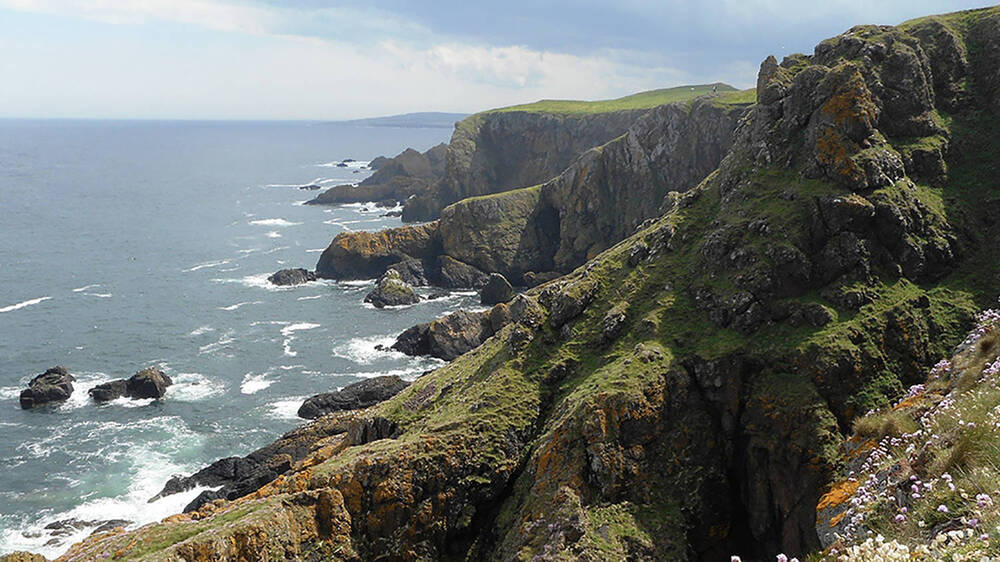 A rugged coastline, with waves crashed against cliffs at St Abb's Head.