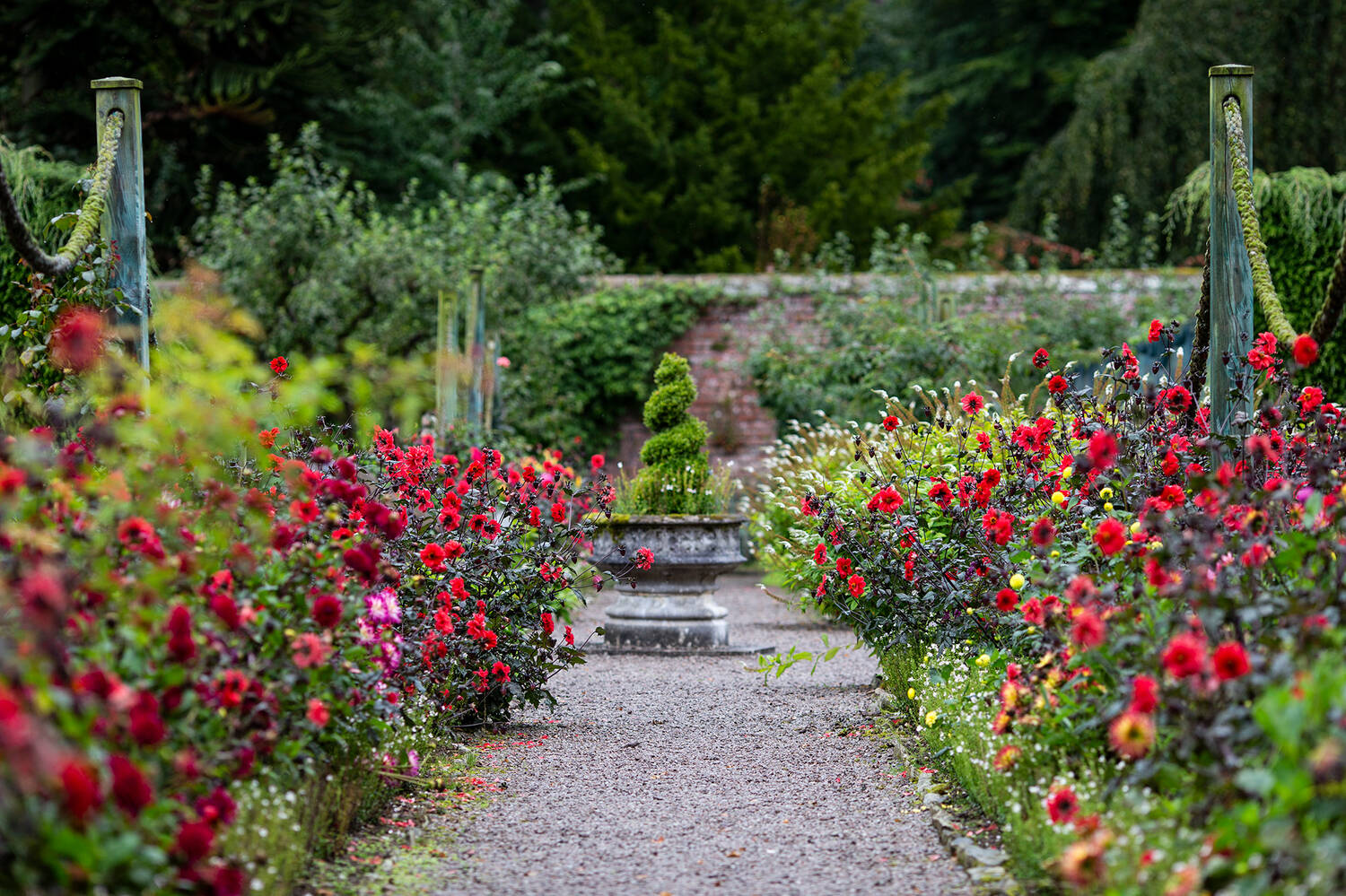 A gravel path leads through a walled garden towards an urn. Colourful flowerbeds line the path.