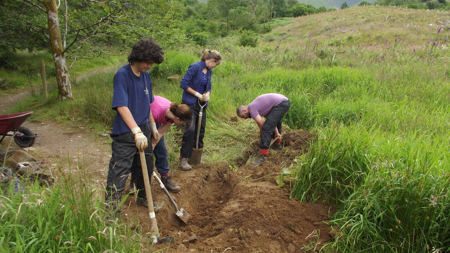 A group of people stand around a small earth trench at the side of a large field. They hold various digging implements.