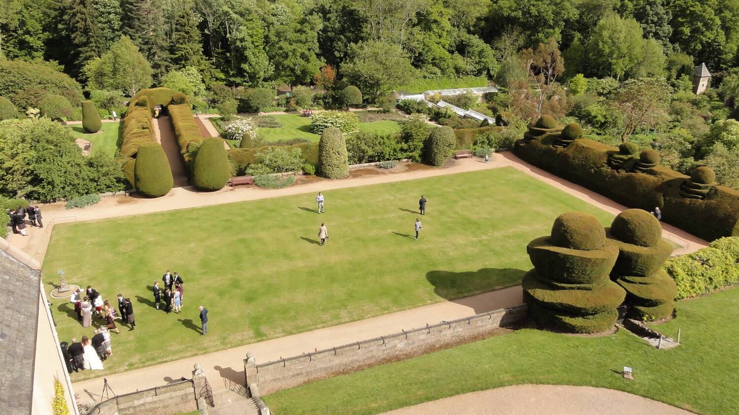 Bird’s-eye view looking down on a lawn with large topiary yew hedges to the right.