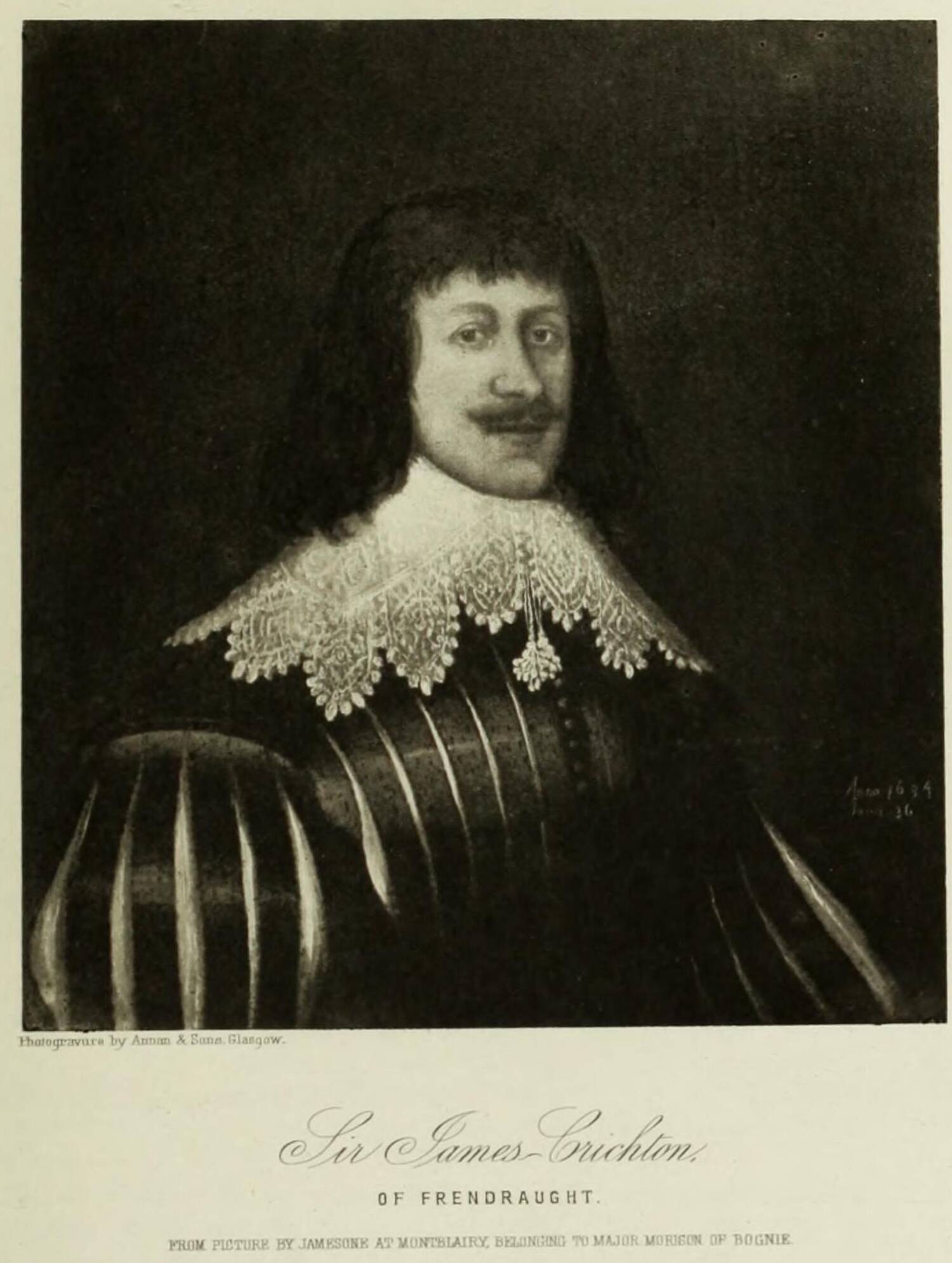 Black and white engraving of a man in 17th-century costume. He has a moustache and long dark hair.