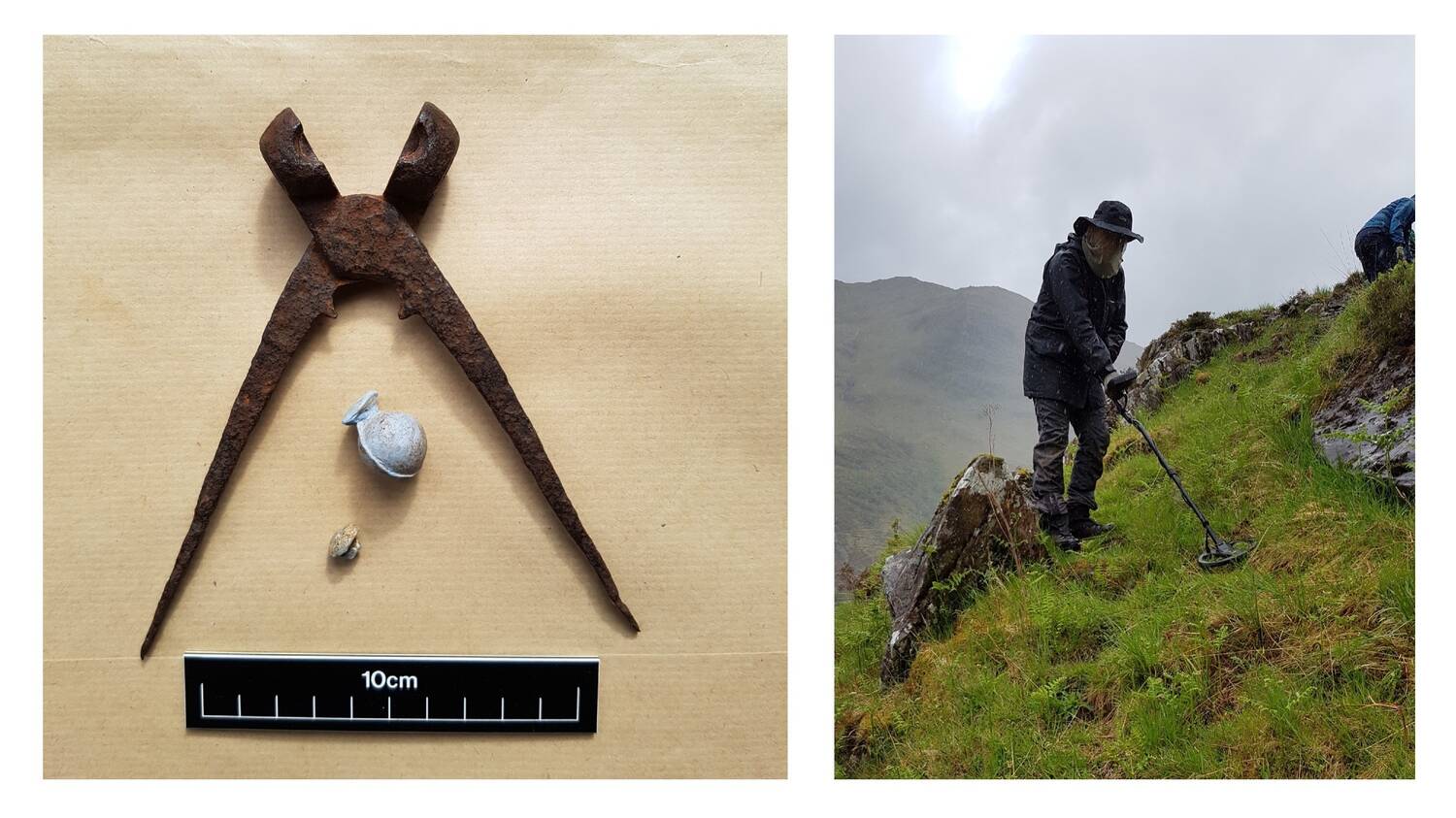 Two images side by side. The image on the left shows a scissors-like implement with a scale below it; the image on the right shows people metal detecting on a hillside.