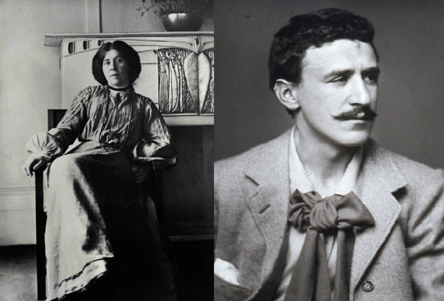 Two black and white photos side by side: on the left is a woman in a long dress sitting on a chair in front of a fireplace: the photo on the right shows the head and shoulders of a young man with dark hair. He has a distinctive moustache and a cravat.