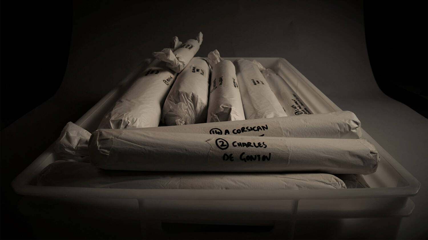 A black and white photo of a white plastic box filled with rolled-up prints, wrapped in plastic. They look quite like large sausages.