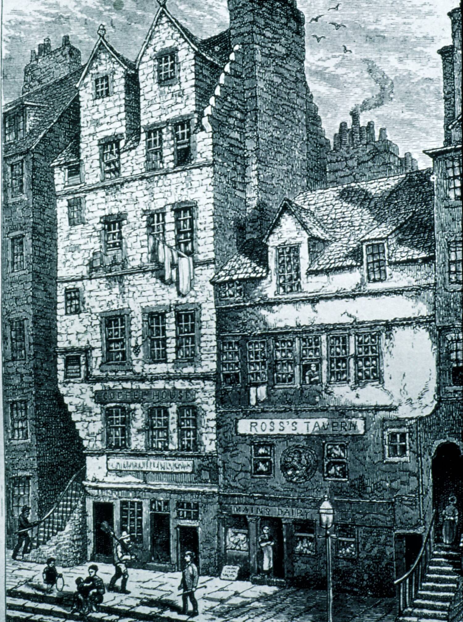 Black and white illustration showing a narrow 7 storey tenement building in the 19th century.