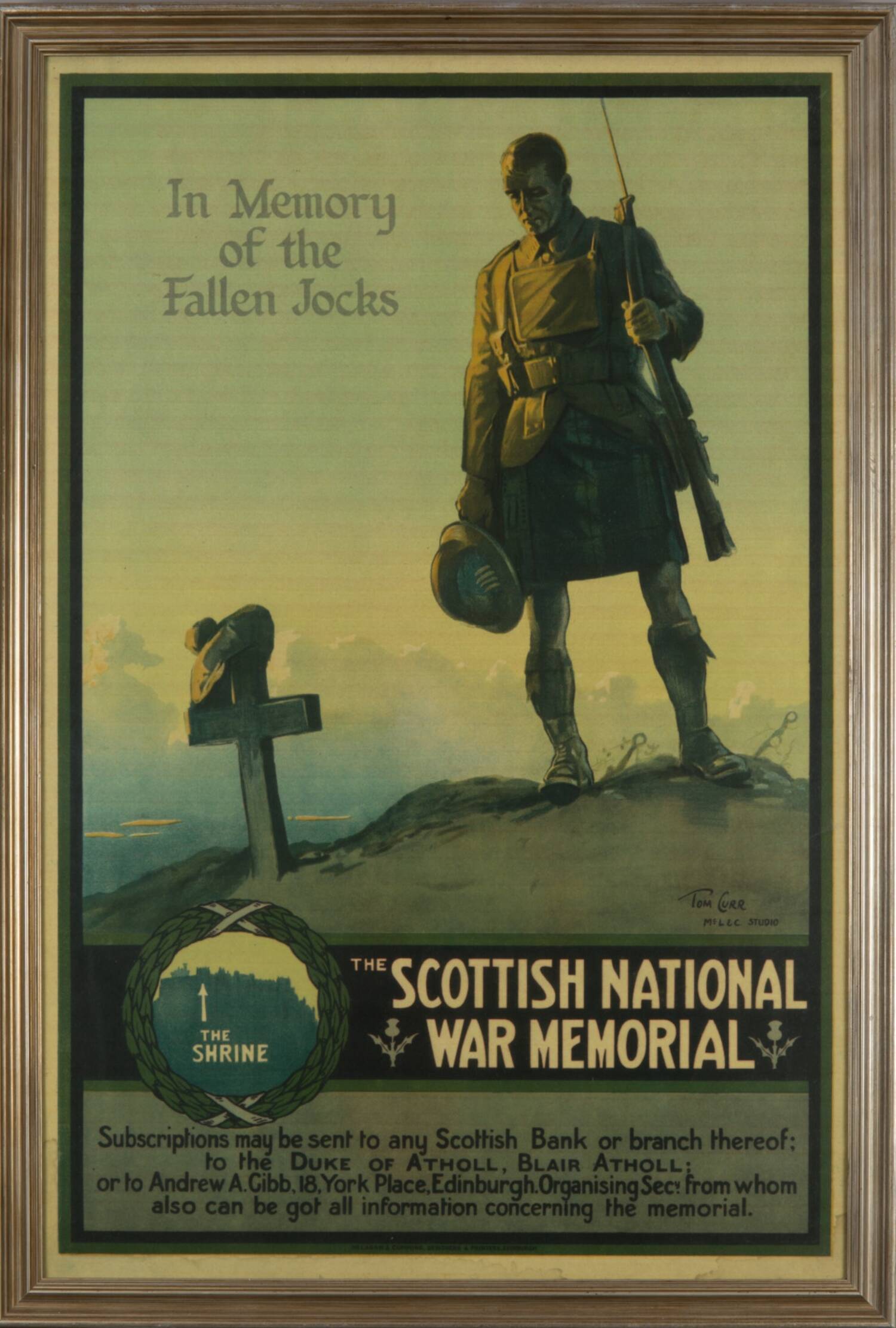 A poster designed to raise funding for the Scottish National War Memorial during the First World War shows a Scottish soldier in traditional kilt dress standing over a stone cross, marking the grave site of a fallen comrade. A rifle is positioned over his left shoulder and he holds a Brodie helmet by his right-hand side. The cross is marked with a tammy hat – a traditional flat bonnet worn in Scotland. 