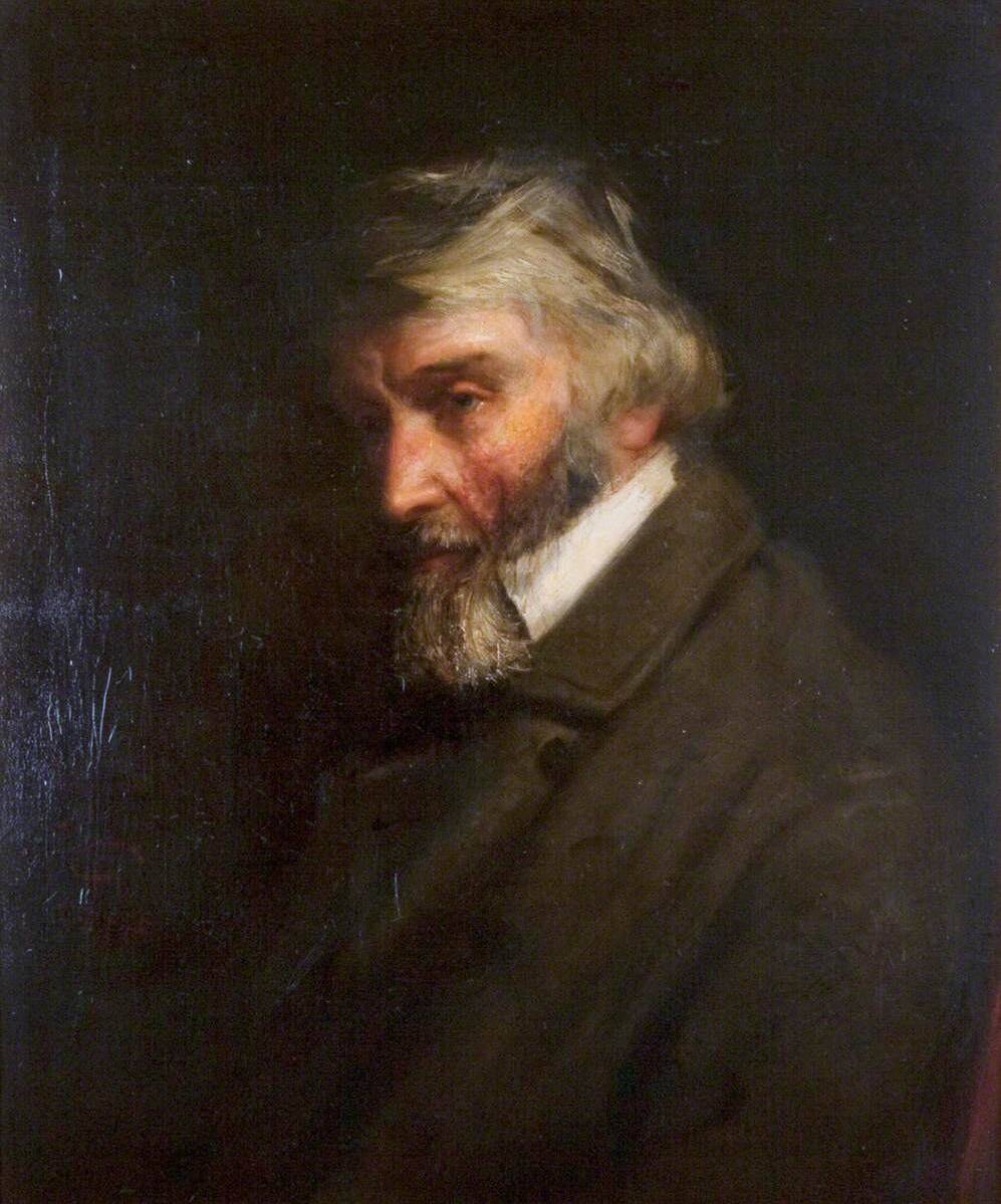 A dark portrait of Thomas Carlyle, seated and dressed in a formal jacket and shirt.