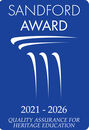 A blue oblong logo with white text saying: Sandford Award 2021-2026 | Quality Assurance for Heritage Education
