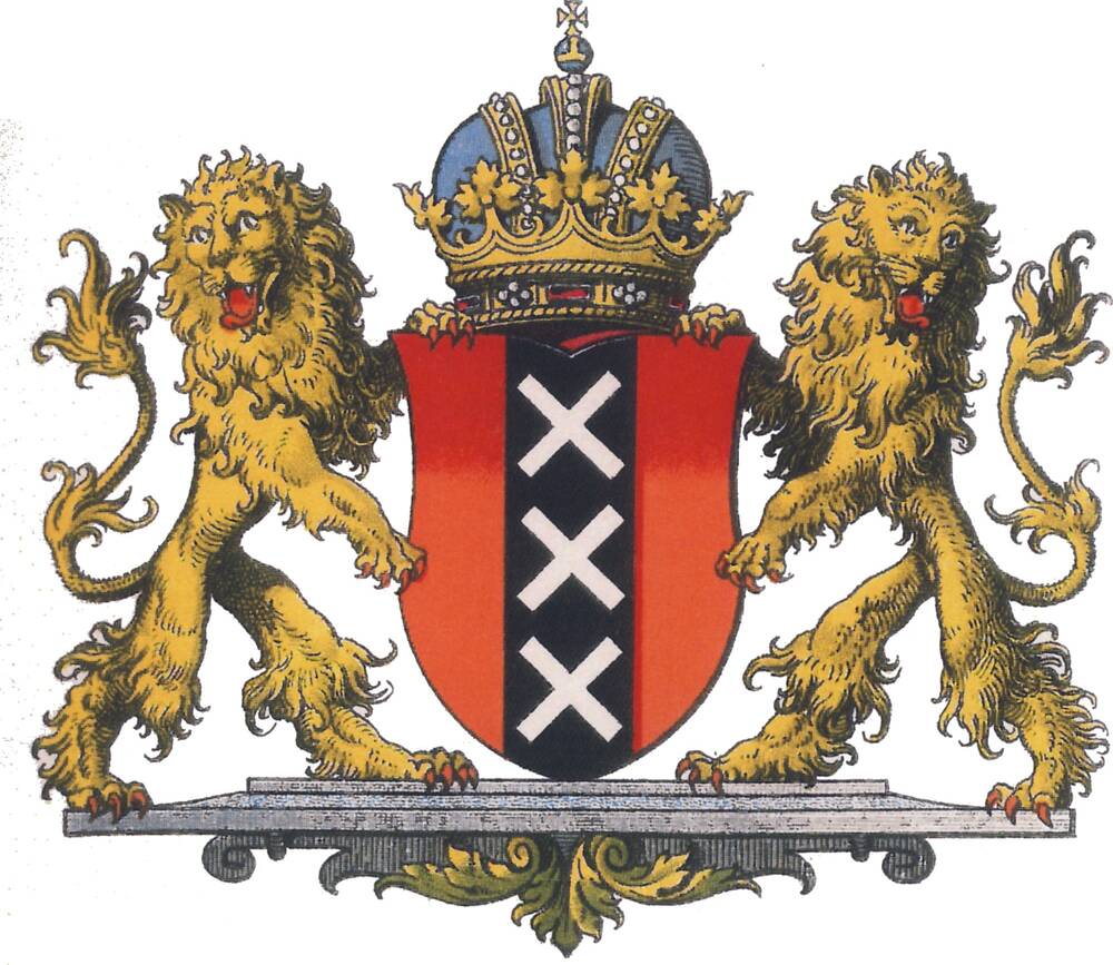 A coat of arms, with two lions standing either side of a red shield with a crown on top. The shield has a black central vertical panel, with three white crosses on it.
