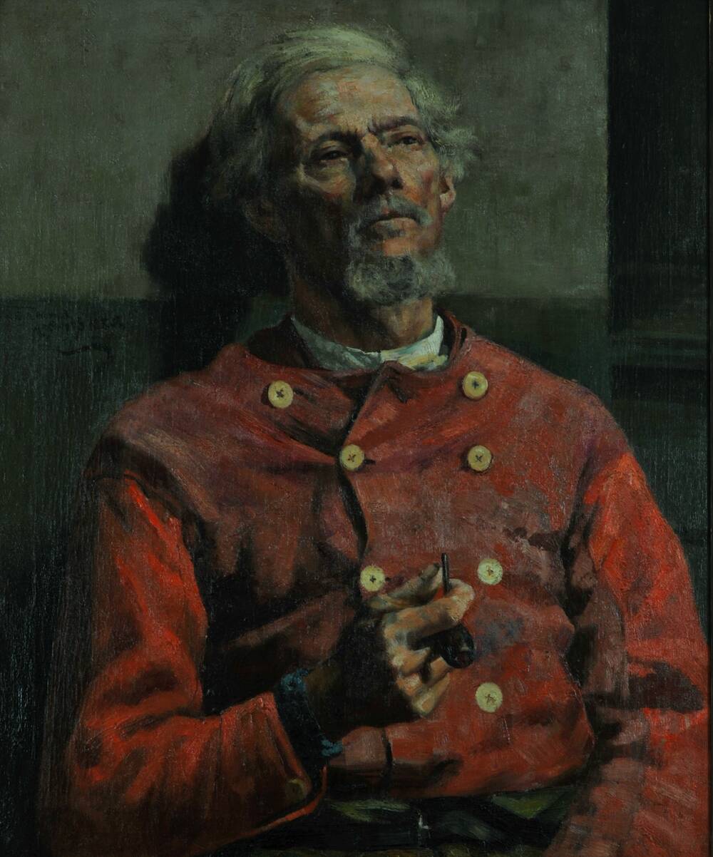 A half portrait of an older man, shown leaning against a wall. He wears a military red tunic with a double row of buttons. He holds a pipe in one hand. The expression on his grey, bearded face is one of exhaustion.