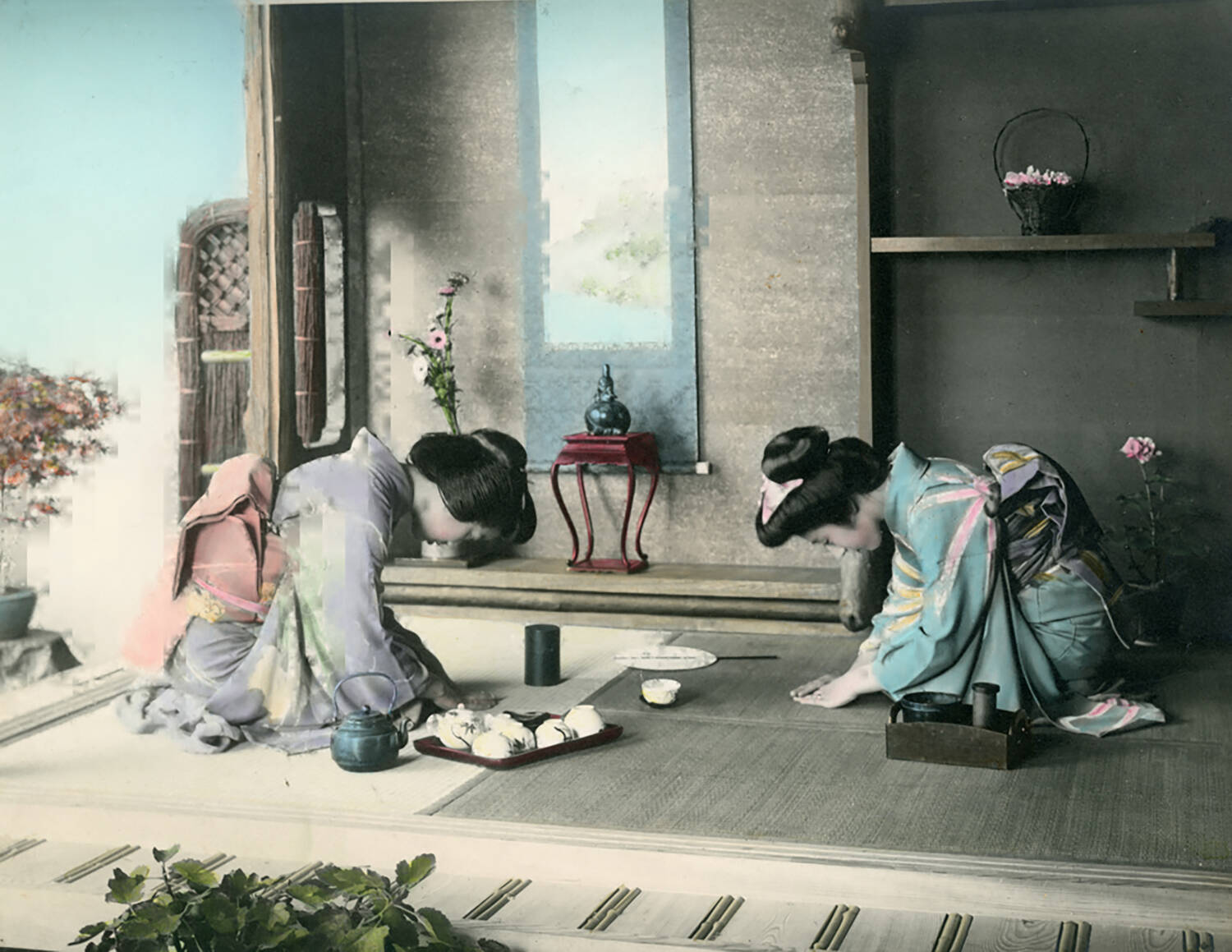 Tea ceremony; shashin print by unknown photographer, c1890
