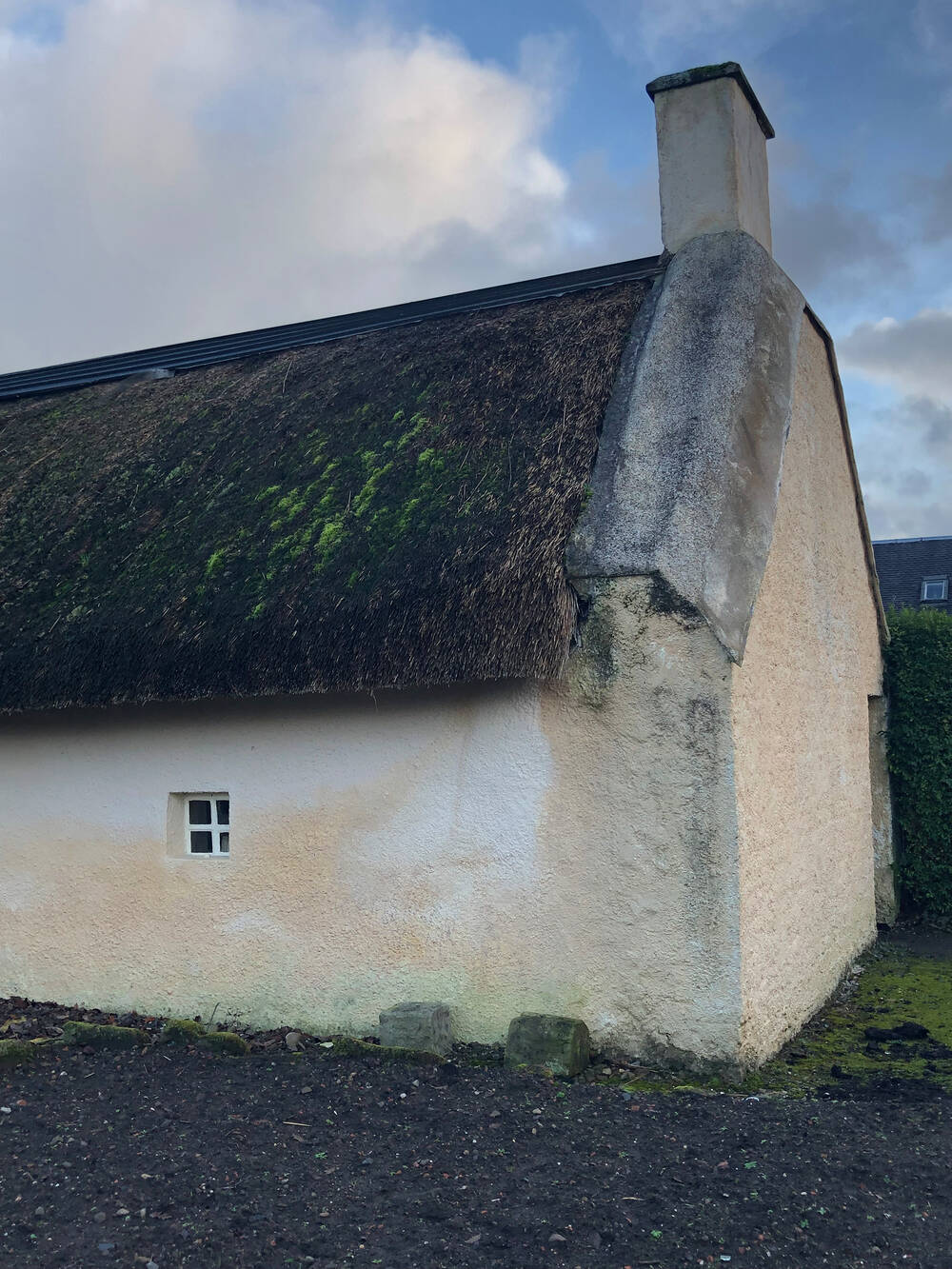 A view of the rear gable end of Burns Cottage, showing some stone decay running down from the chimney. Large patches of moss can be seen on the thatched roof. There is a lot of orange staining on the walls.