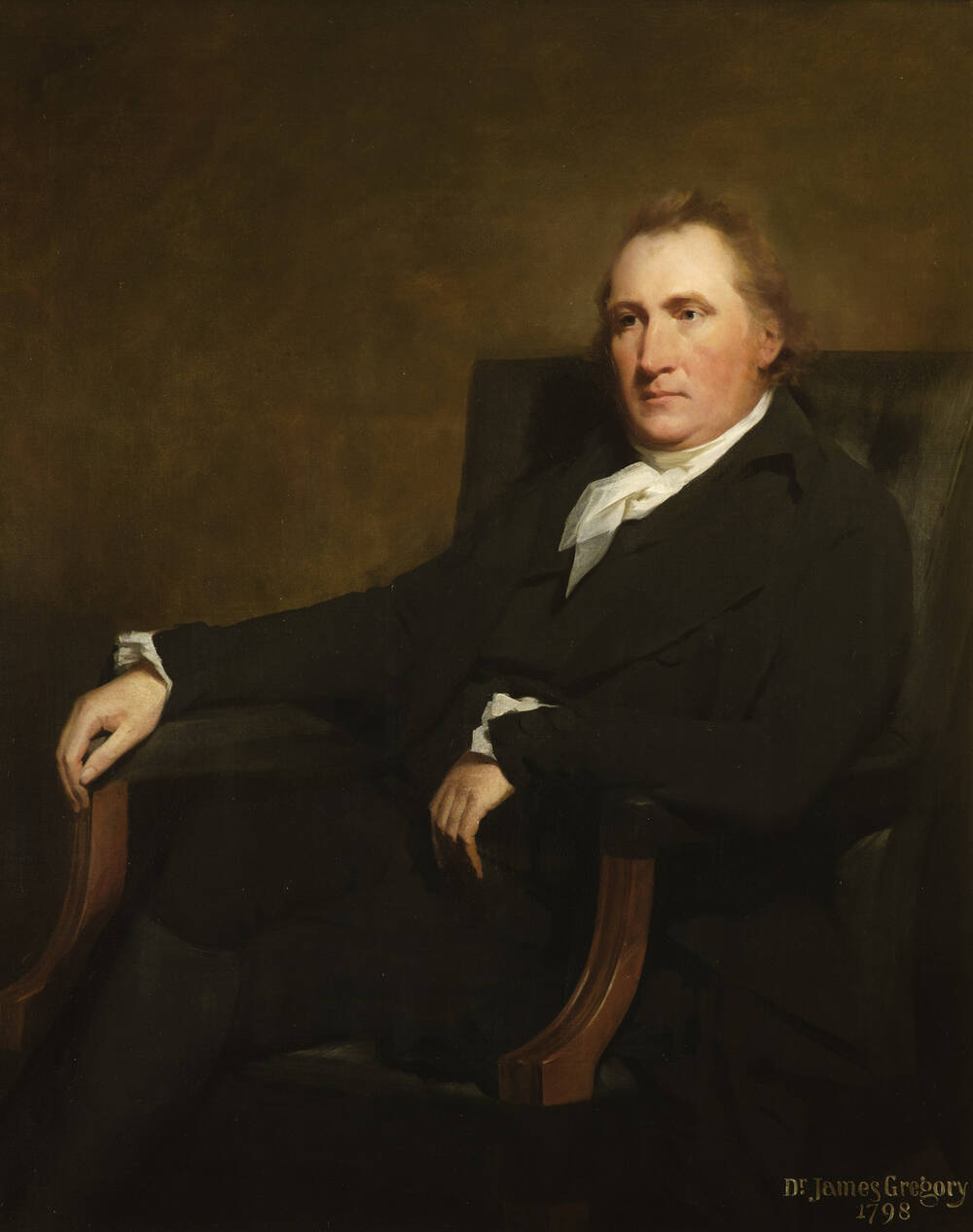  A portrait of Professor James Gregory, shown sitting in a high-backed black armchair. He wears a dark coat and waistcoat, with a white cravat.