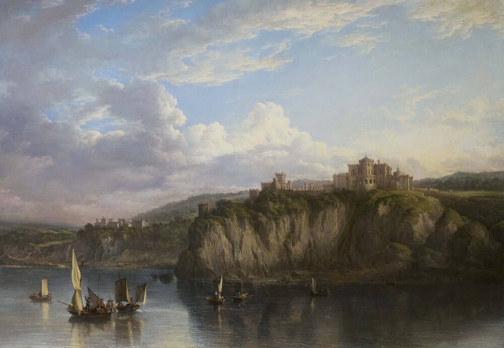 A painting of Culzean Castle, as seen from the sea. Several sailing boats can be seen close to the shore. The sky is blue, with clouds rolling in from the sea.