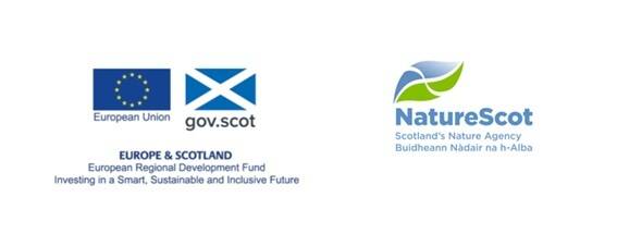 A logo for the European Regional Development Fund, showing the EU flag beside a Scottish saltire. Next to this logo is the logo for NatureScot, showing a blue and green leaf.
