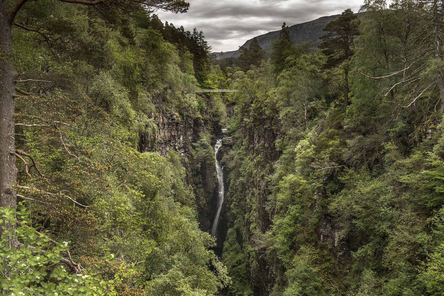 A waterfall cascades through a deep ravine.