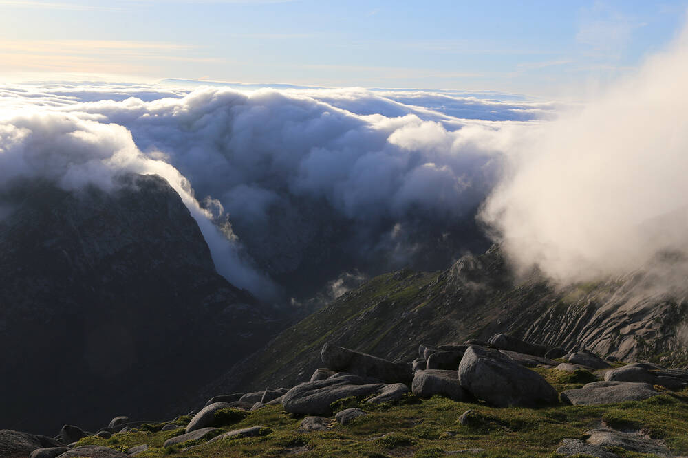 A sunny yet cloudy view from the top of Goatfell
