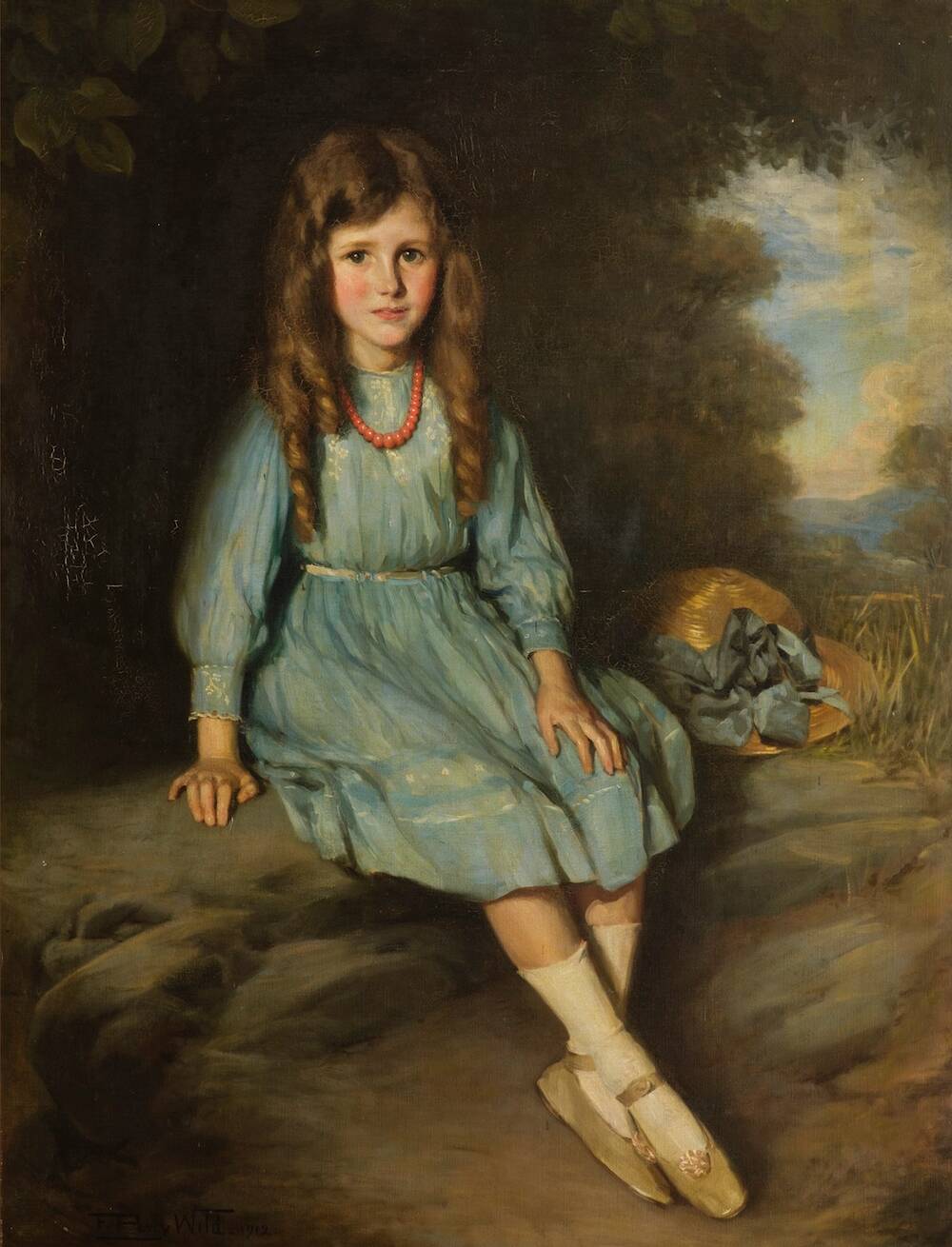 A painted portrait of a young girl sitting on a rock underneath dense overhanging foliage. She has long brown hair in curls, and is wearing a blue long-sleeved dress with white socks and ballerina pumps. Her wide-brimmed hat with a matching blue bow is beside her on the rock.