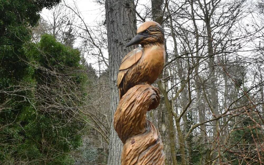 A wooden carved sculpture of a kingfisher stands in woodland.