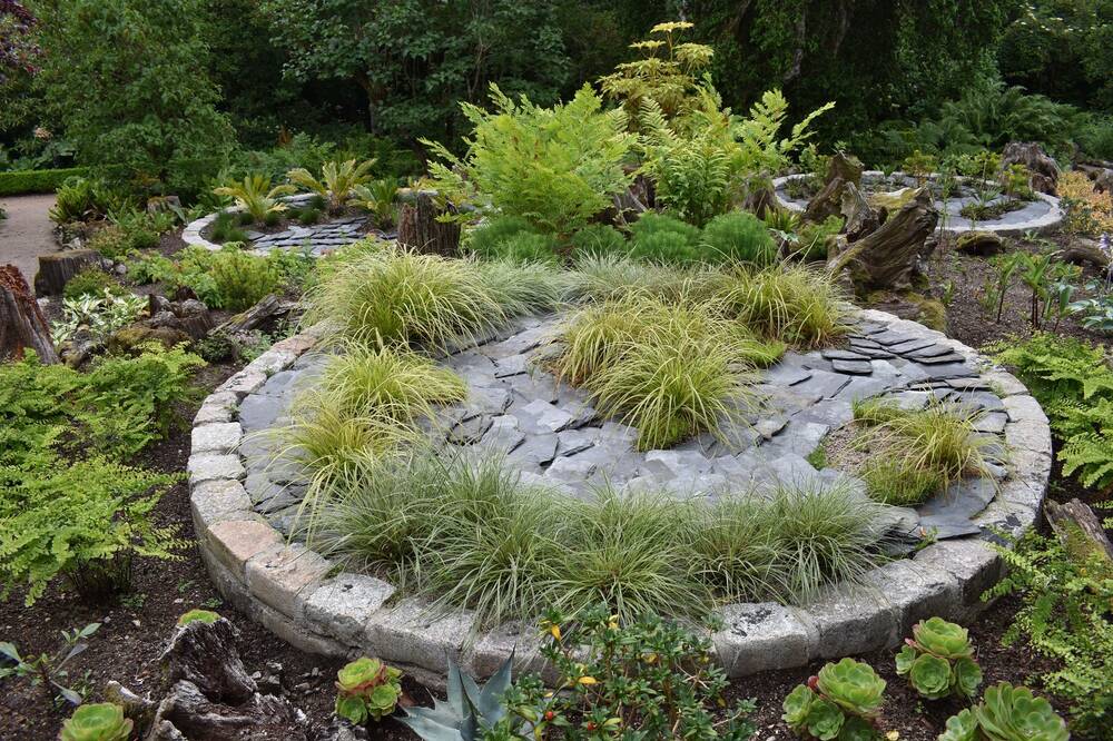 A new raised circular flower bed stands in a garden. Various grasses are planted inside, surrounded by slate tiles. A variety of other newly planted plants surround the bed.