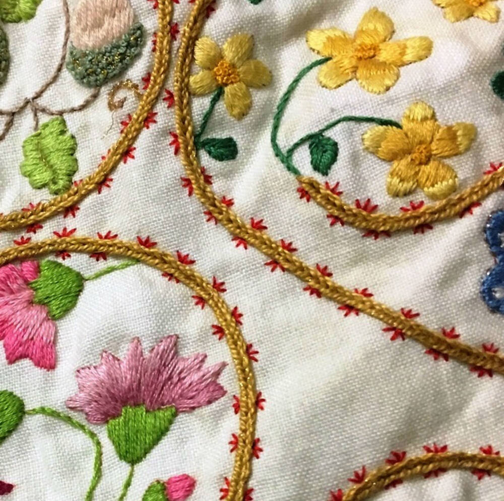 Detail of the jacket showing floral details with stitching