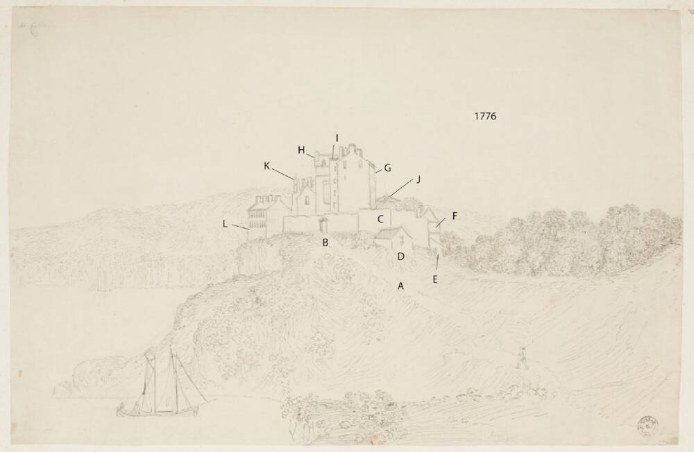 An old pencil sketch of Culzean Castle, showing its clifftop location. A sailing boat can be seen on the water in the foreground. The letters A-K have been superimposed on the sketch, labelling various parts of the castle.