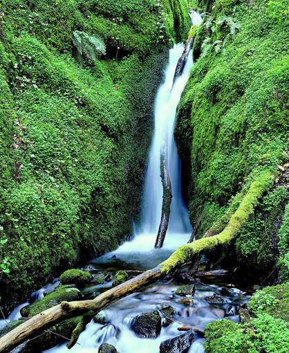 Moss-covered land surrounds a waterfall of the Burns of Care and Sorrow