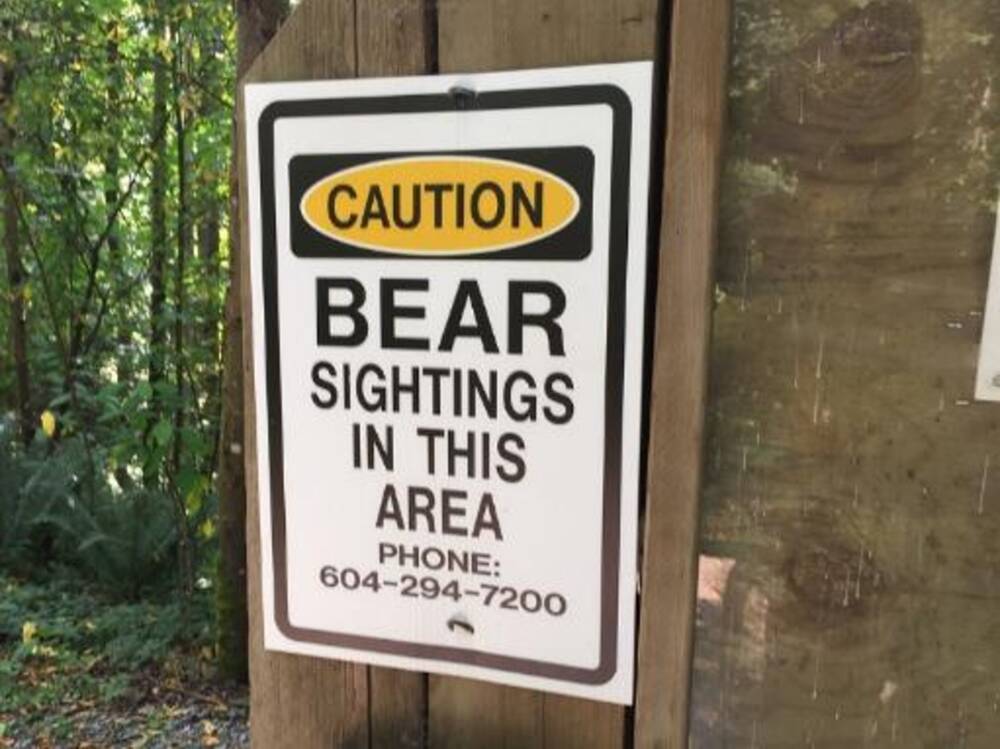 Bear warning sign pinned to a post at the Burnaby mountain conservation area 