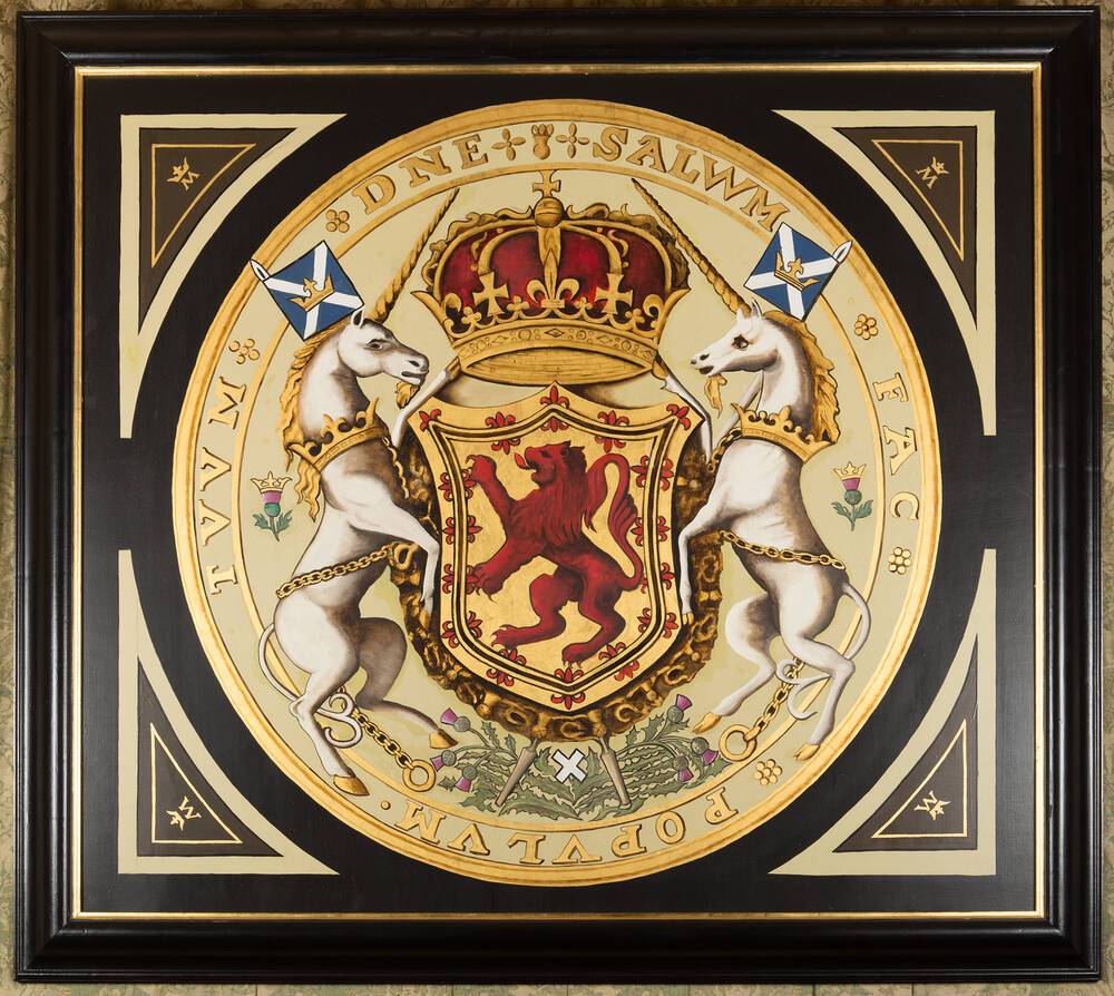 Mary, Queen of Scots’ coat of arms, featuring two unicorns holding a large shield with the lion rampant on it.