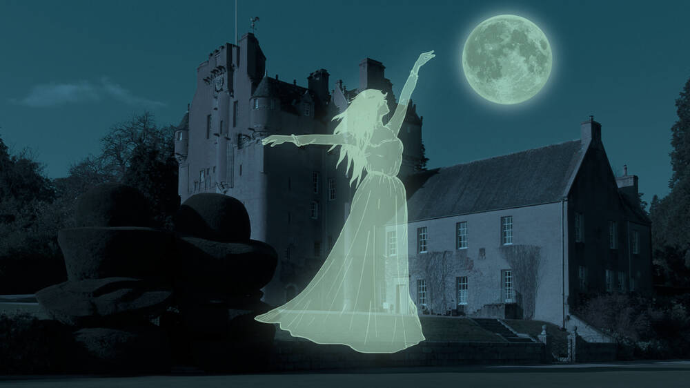 A photo of Crathes Castle taken at night. Superimposed is a white illustration of the ghost of a young woman, lifting her arms towards the full moon.