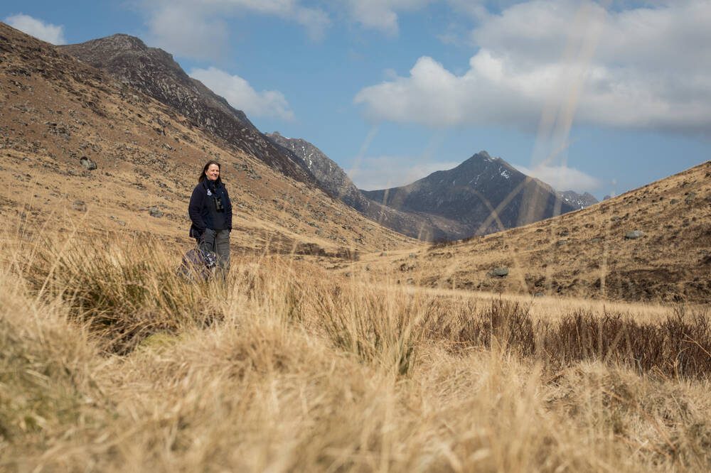 A woman stands by a path at the entrance to a glen, surrounded by long dry grass. Behind her rise pointed mountains, with cloud hovering over the summits.