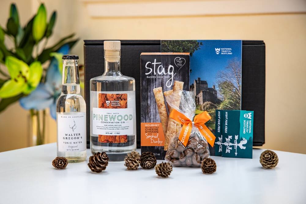A display of items in a gin-themed hamper, arranged on a white table. A bottle of gin stands beside a bottle of tonic water, a box of cheese straws and a packet of chocolate raisins. Behind stands a copy of the National Trust for Scotland Guide to Properties, as well as a dark cardboard box. Pine cones are scattered at the front.