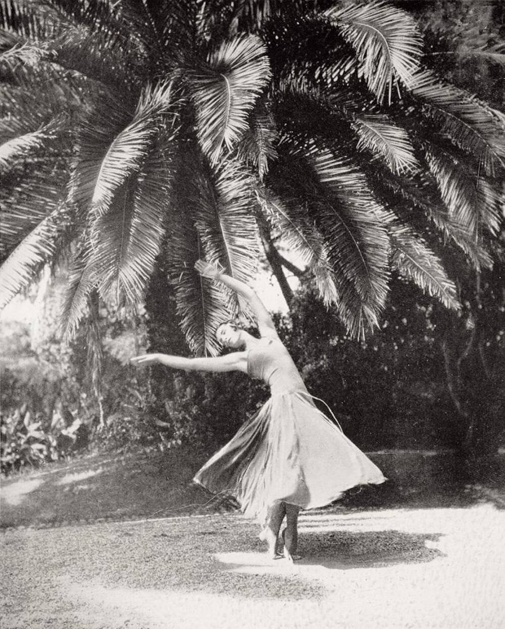 A black and white photo of a young woman, standing in a ballet pose beneath a large palm tree. She is en pointe, and her arms are held stretched above her head. She wears a floaty skirt.