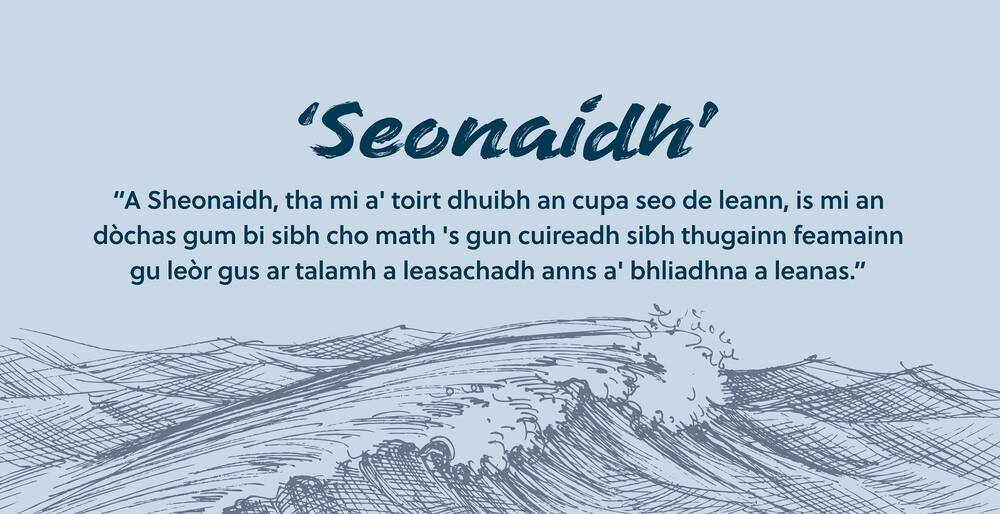 A text exhibition panel in Gaelic entitled Seaonaidh. There is an illustration of breaking waves at the bottom of the panel.