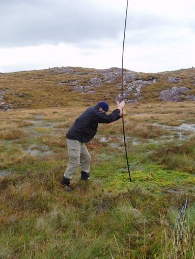 A man stands with a very long thin rod, sticking it into a mossy section of a bog.