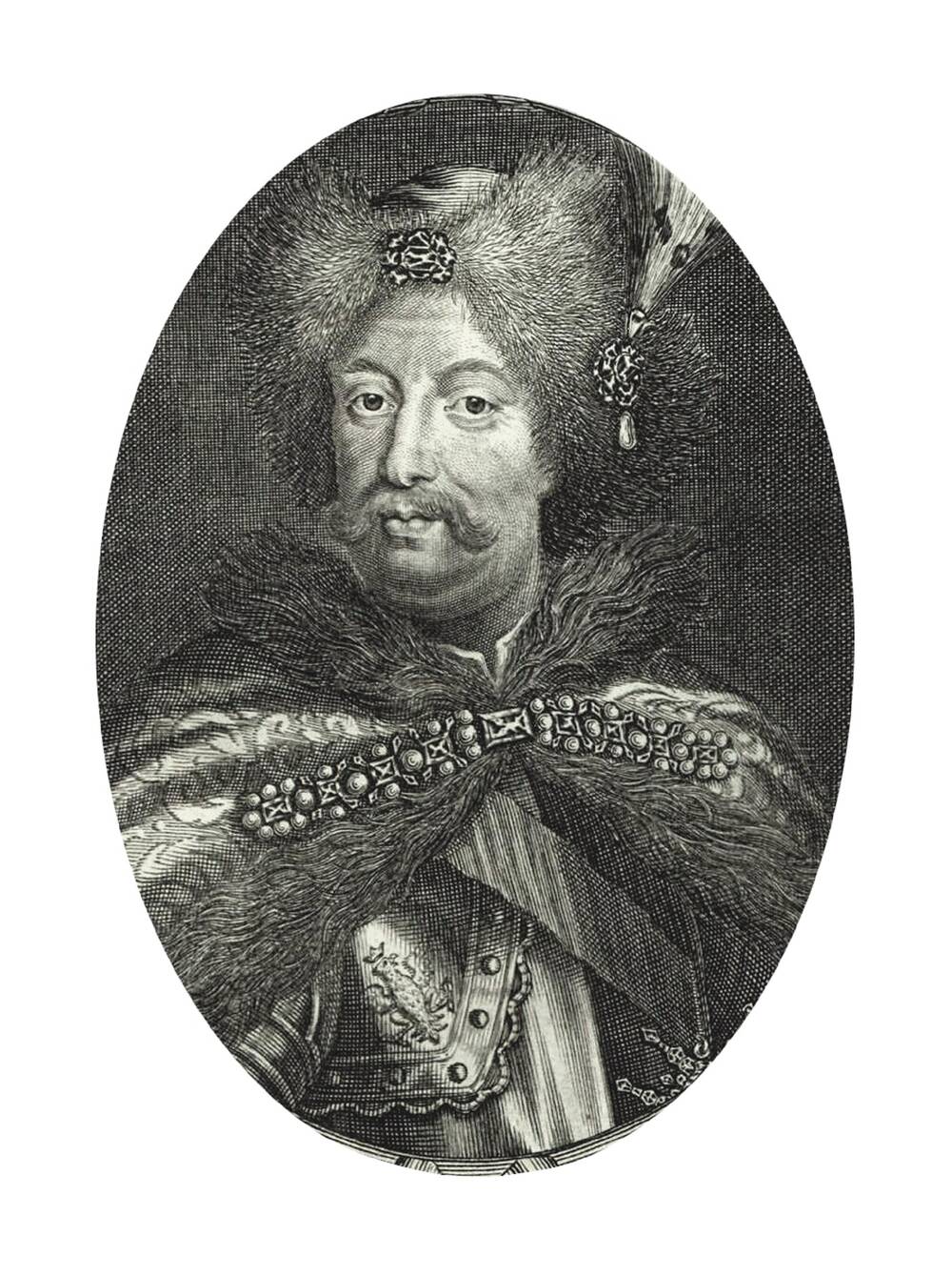 A black and white line drawing of an elaborately dressed, rich-looking 17th-century man. He wears a thick, fur-lined cape, and has a fur wrap around his head. He wears armour beneath his cloak.