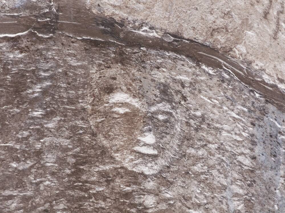 The face of a person has been carved into a stone wall.