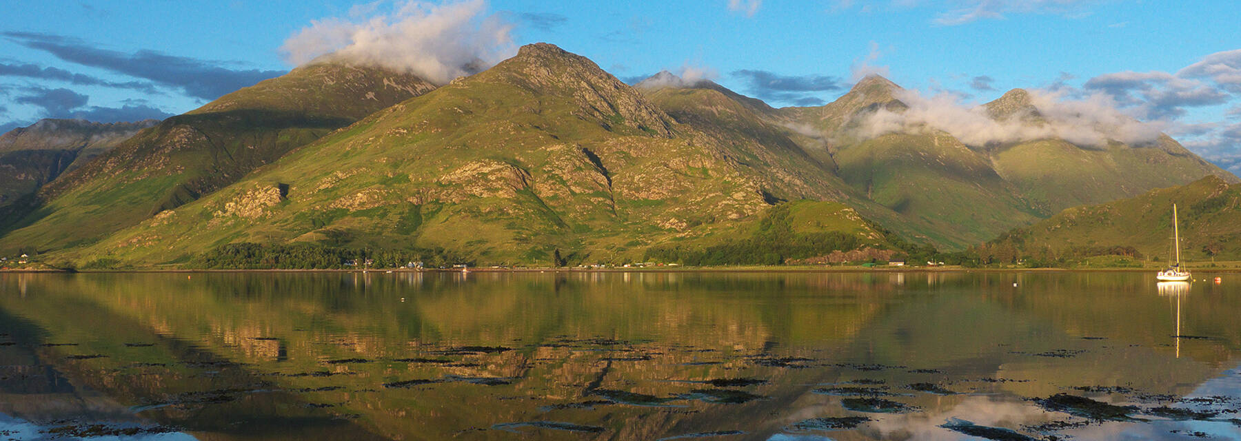 A clear reflection in Loch Duich beneath the iconic Five Sisters mountains of Kintail