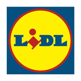 Lidl logo, with the word Lidl written in a yellow circle against a blue square background.