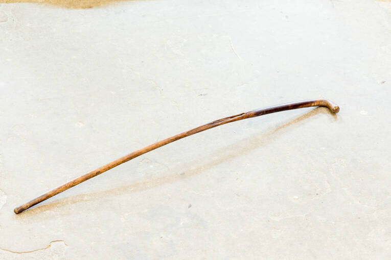 A cattle prod found at Moirlanich Longhouse. It is made from a stick and has a shaped handle at 90 degrees at one end. It has been worn smooth with use and age.