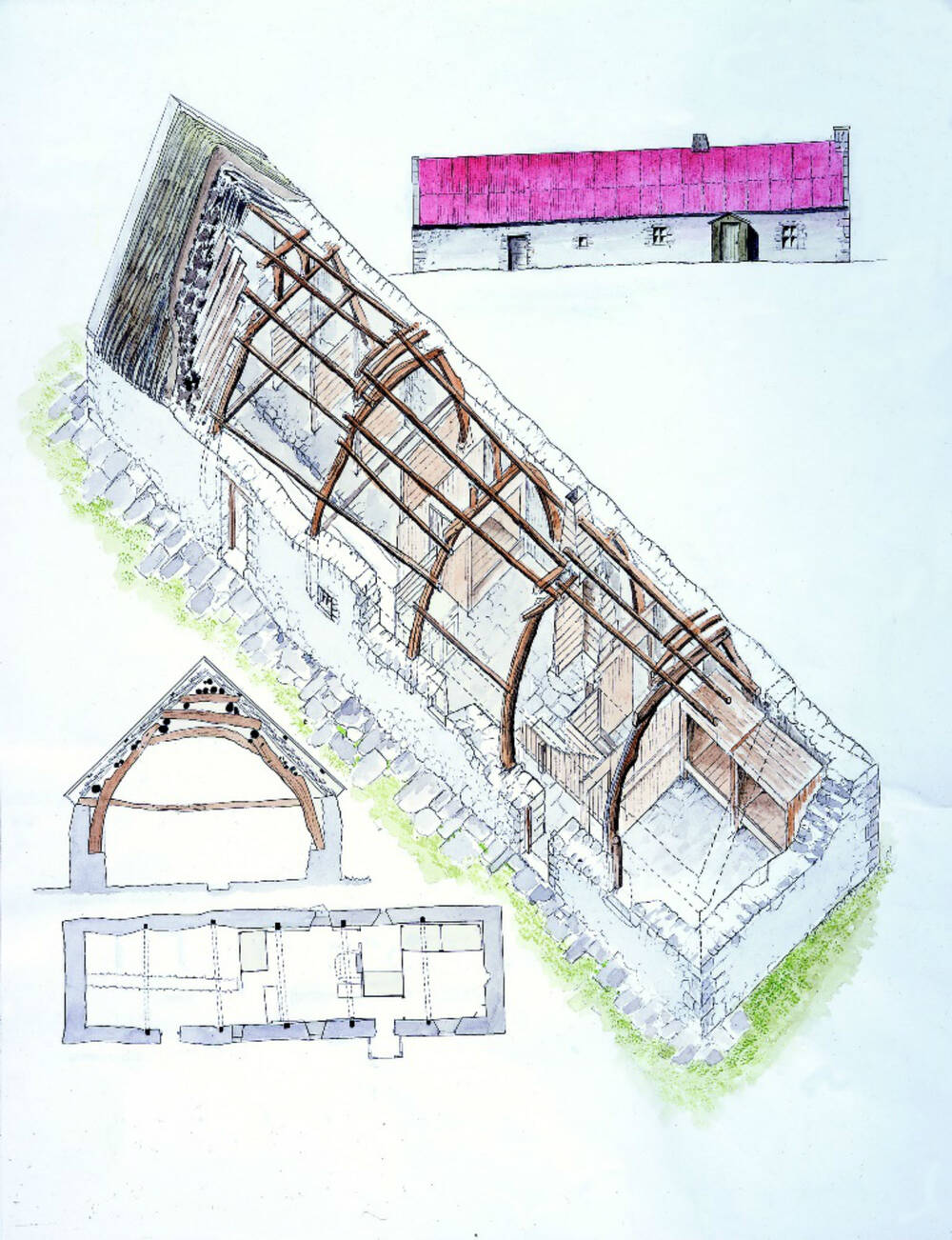 A cutaway illustration of Moirlanich Longhouse
