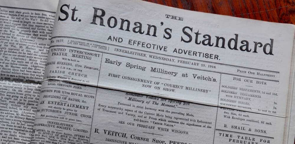 A close-up view of the top half of a page from an old newspaper, The St Ronan's Standard and Effective Advertiser. It shows a series of adverts in black and white text, with no images.