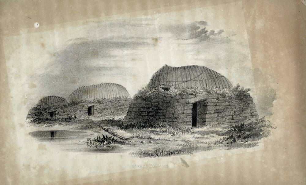 A black and white line drawing, reproduced on sepia-tinged paper, showing a row of small, single-storey domed cottages with wooden beams (rather like an upturned boat) on the roofs. Each has a single narrow door opening.