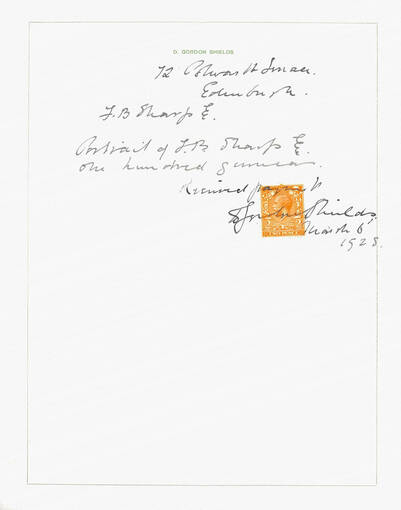 Receipt from 1928 for the portrait of Frederick Sharp from Gordon Shields. It cost one hundred guineas.