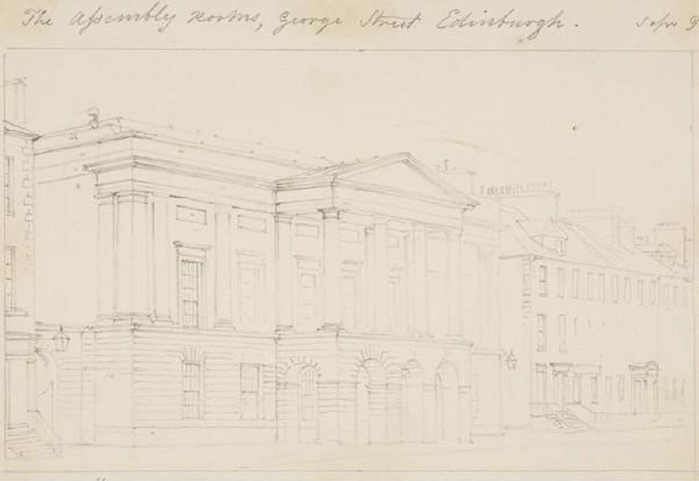A sketched plan of the Assembly Rooms in Edinburgh, in ink on old paper.