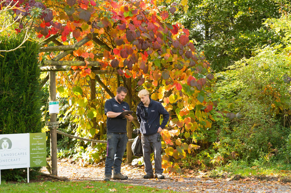 Two men stand in conversation on a path beneath a tree with bright red, orange and yellow leaves.